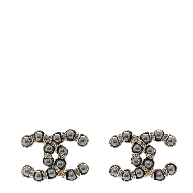  Chanel Pearl Crystal Nefertiti CC Earrings Silver Dark Grey