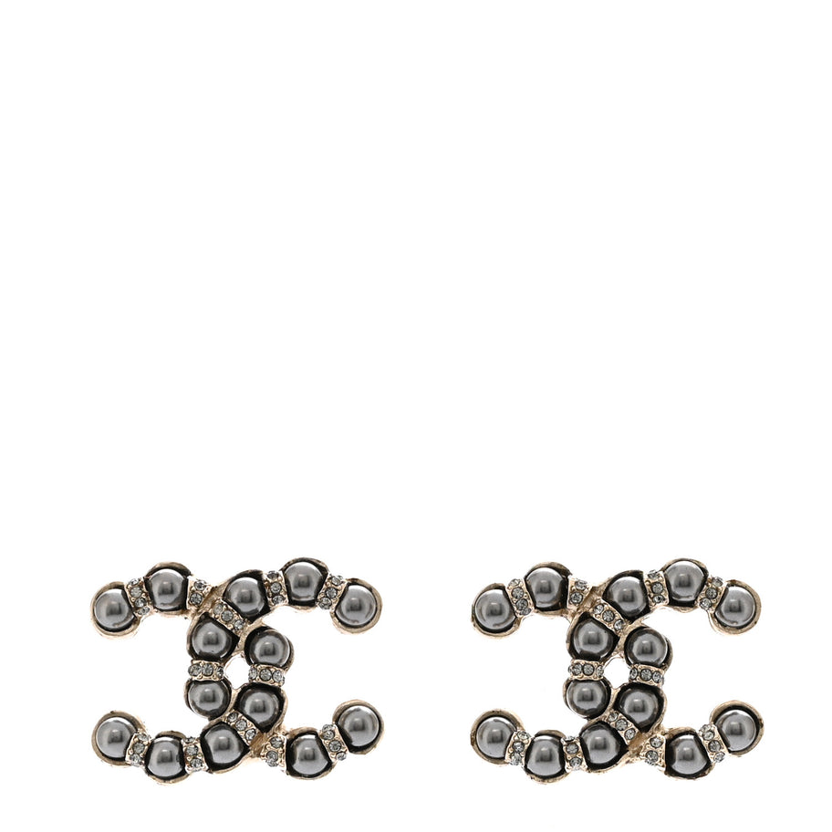 Chanel Pearl Crystal Nefertiti CC Earrings Silver Dark Grey Image 1