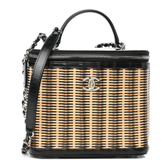 Chanel Glazed Calfskin Raffia Vanity Case Bag Black Beige Image 1