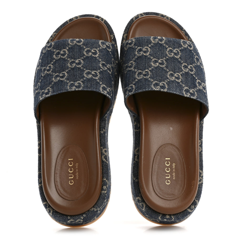 Gucci New Denim GG Monogram Angelina Platform 55mm Slide Sandals 36.5 Blue Tea Image 2