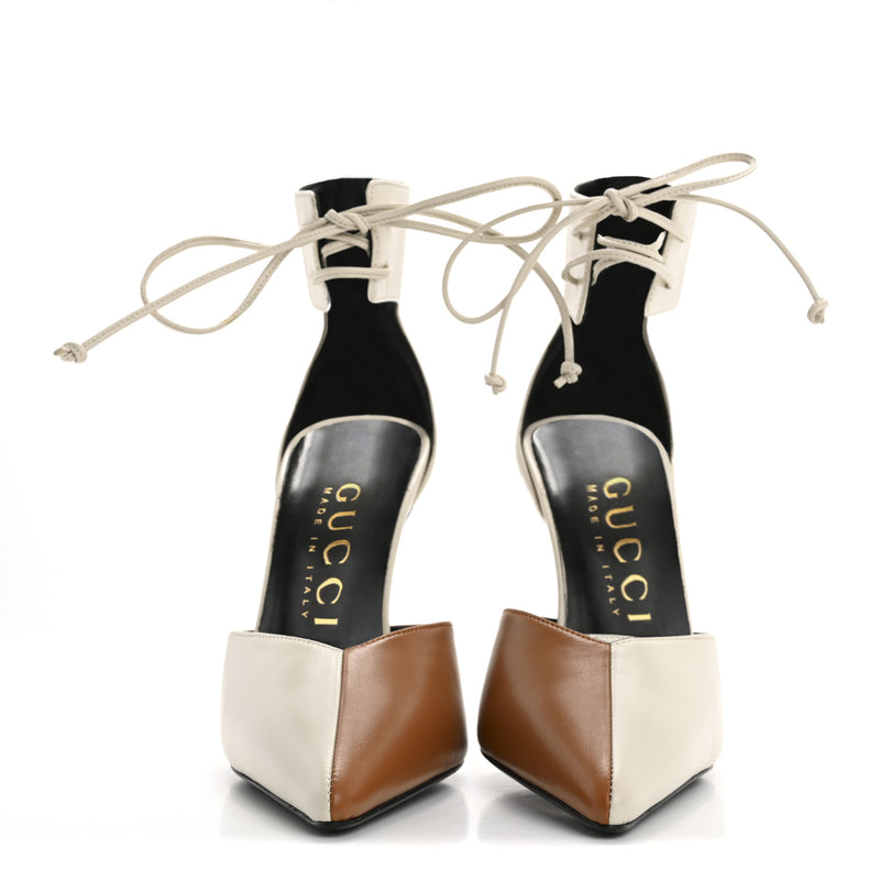  Gucci Soft Nappa Priscilla Ankle Cuff Pumps 37 Mystic White Harness Brown