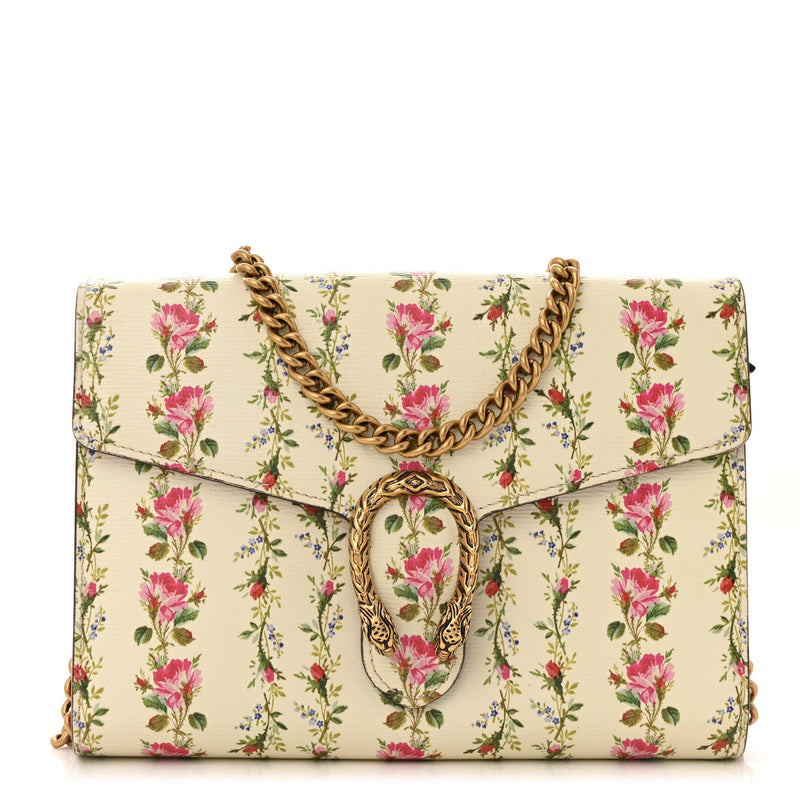  Gucci Calfskin Floral Print Mini Dionysus Chain Wallet Ivory Pink