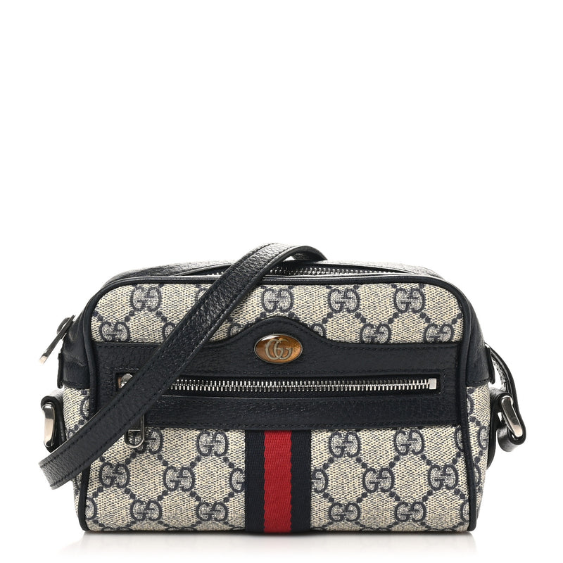  Gucci GG Supreme Monogram Textured Dollar Calfskin Web Mini Ophidia Shoulder Bag Beige Blue