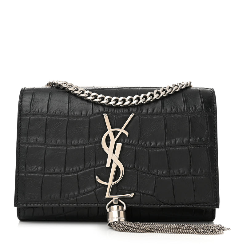  Saint Laurent Calfskin Crocodile Embossed Small Classic Monogram Kate Tassel Satchel Black