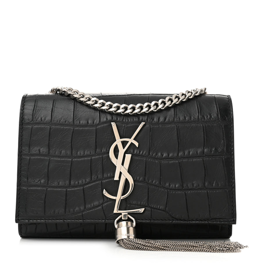Saint Laurent Calfskin Crocodile Embossed Small Classic Monogram Kate Tassel Satchel Black Image 1