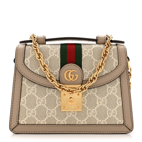 Gucci GG Supreme Monogram Textured Dollar Calfskin Web Mini Ophidia Padlock Top Handle Chain Shoulder Bag Beige Mystic White Oatmeal Image 1