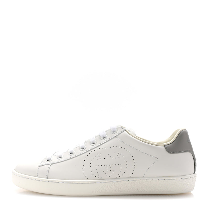  Gucci Calfskin InterLocking G Perforated Womens Ace Sneakers 38.5 White Grey Sky