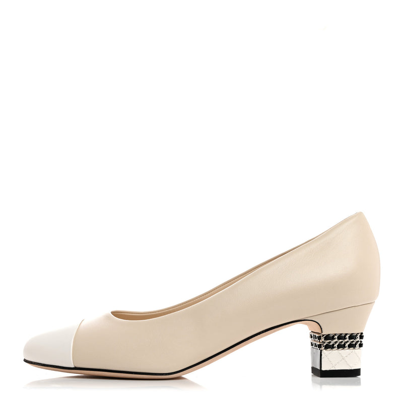  Chanel Lambskin CC Cap Toe Chain Pumps 41 Light Beige White