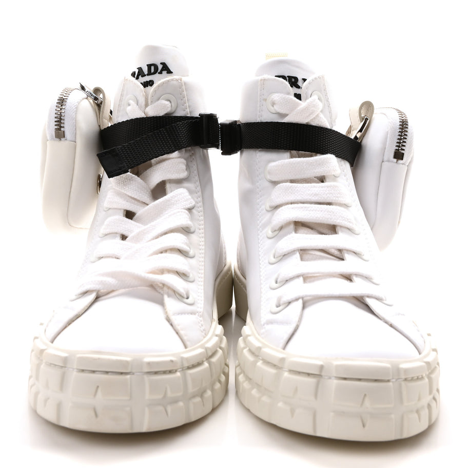 Prada Re-Nylon Gabardine Metal Triangle Logo Wheel Pouch Pocket High Top Sneakers 35.5 White Image 3