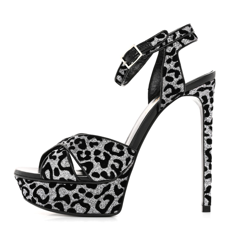  Saint Laurent Velvet Glitter Leopard Print Platform Sandals 37 Argento Black