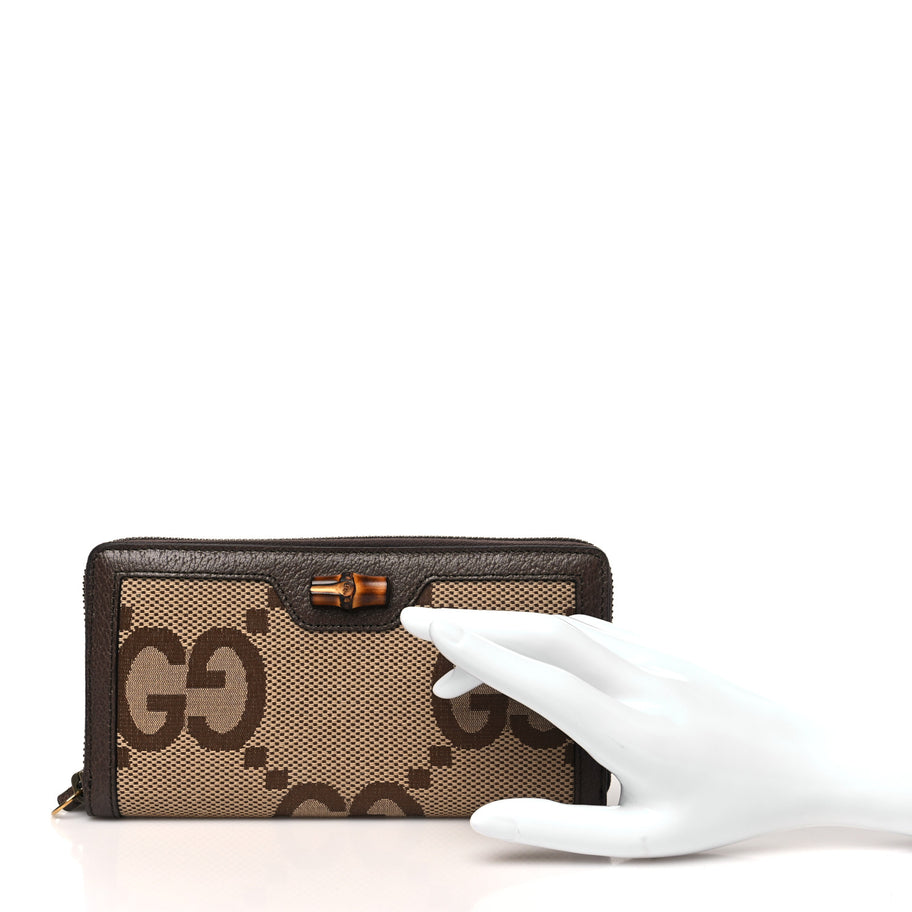 Gucci Monogram Jumbo GG Textured Dollar Calfskin Diana Zip Around Continental Wallet Camel Ebony New Acero Image 2