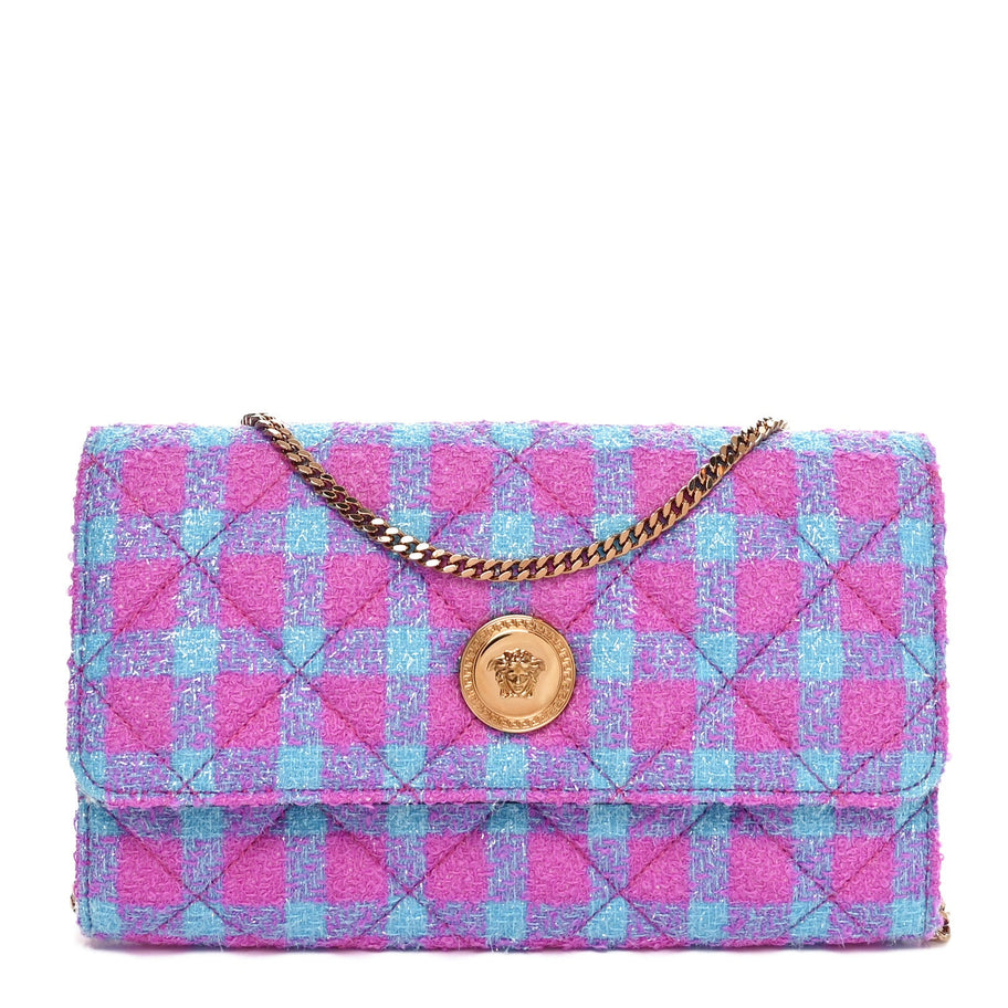 Versace Tweed Quilted Medusa Wallet on Chain Crossbody Pink Blue Image 1