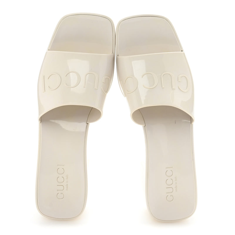  Gucci Rubber Logo Womens Platform 20/60mm Slide Sandals 38 Mystic White