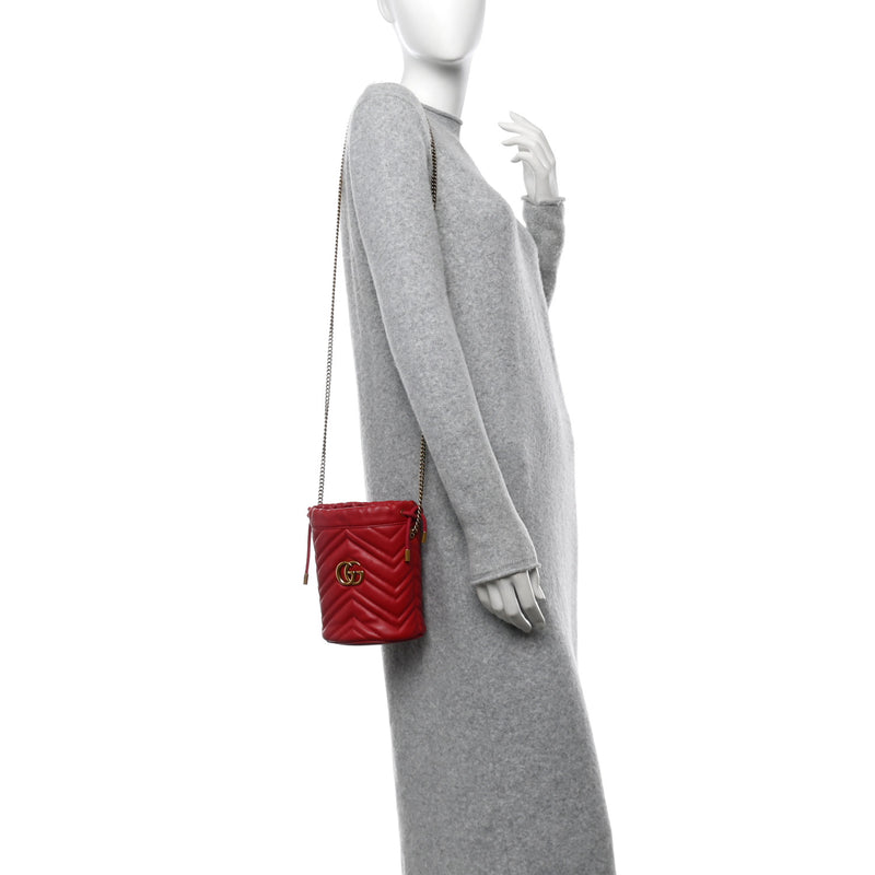  Gucci Calfskin Matelasse Mini GG Marmont 2.0 Bucket Bag Hibiscus Red