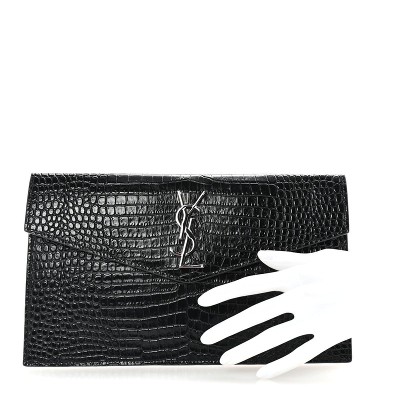  Saint Laurent Calfskin Crocodile Embossed Uptown Monogram Clutch Black