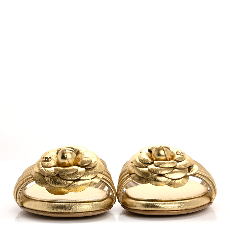 Chanel Laminated Lambskin Camellia CC Slide Sandals 36 Golden Image 3