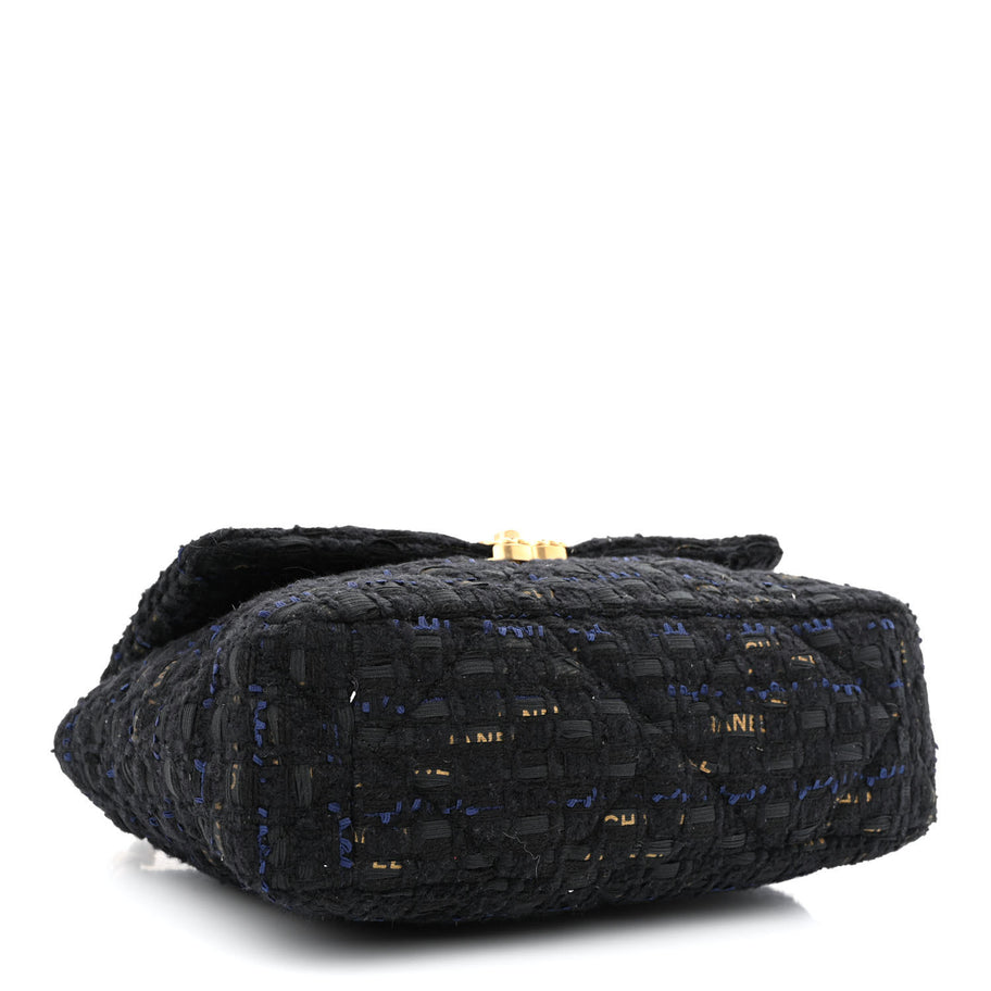 Chanel Tweed Quilted Large 19 Flap Black Navy Gold Image 4