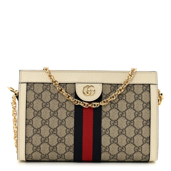  Gucci GG Supreme Monogram Textured Calfskin Web Small Ophidia Chain Shoulder Bag Beige Ebony Mystic White