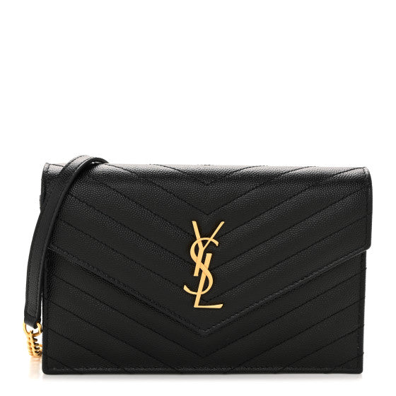  Saint Laurent Grain De Poudre Matelasse Chevron Monogram Envelope Chain Wallet Black