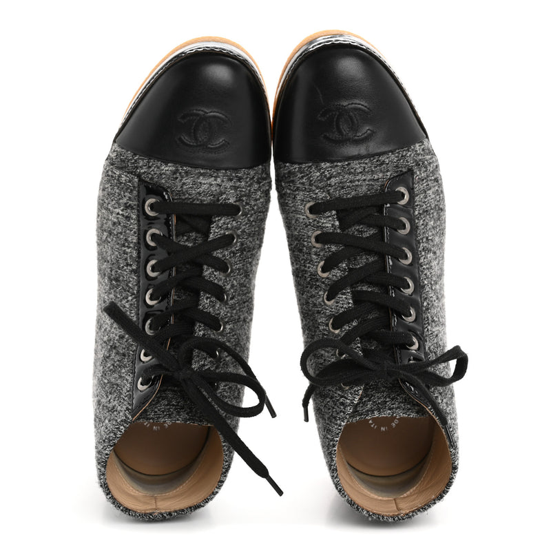  Chanel Wool Calfskin CC Lace Up Short Boots 37.5 Grey Black
