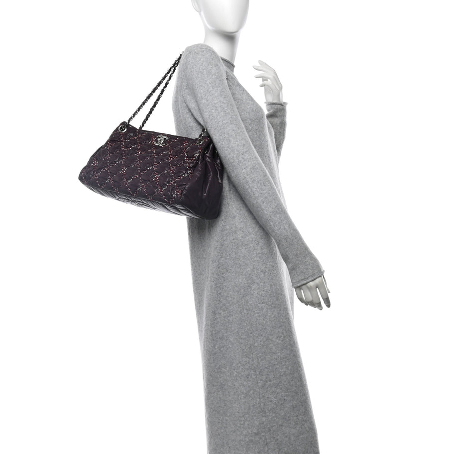Chanel Nylon Quilted Tweed Stitch Bubble Tote Plum Image 2