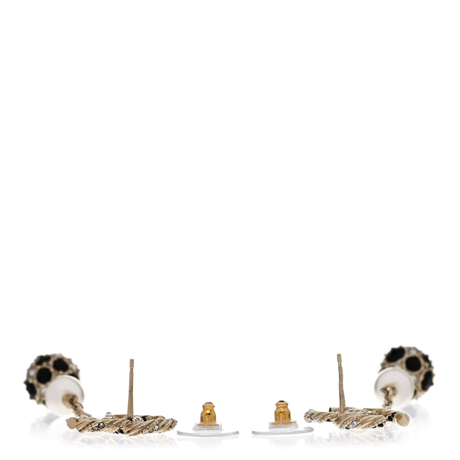 Chanel Crystal Pearl CC Ball Chain Drop Earrings Gold Black Image 3