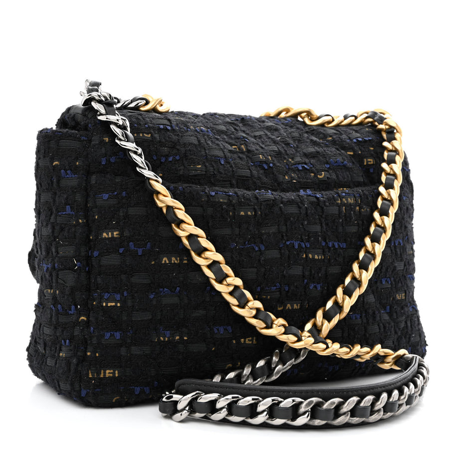 Chanel Tweed Quilted Large 19 Flap Black Navy Gold Image 3