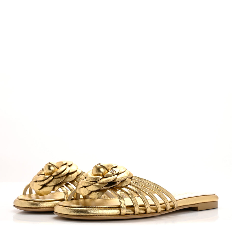 Chanel Laminated Lambskin Camellia CC Slide Sandals 36 Golden Image 4