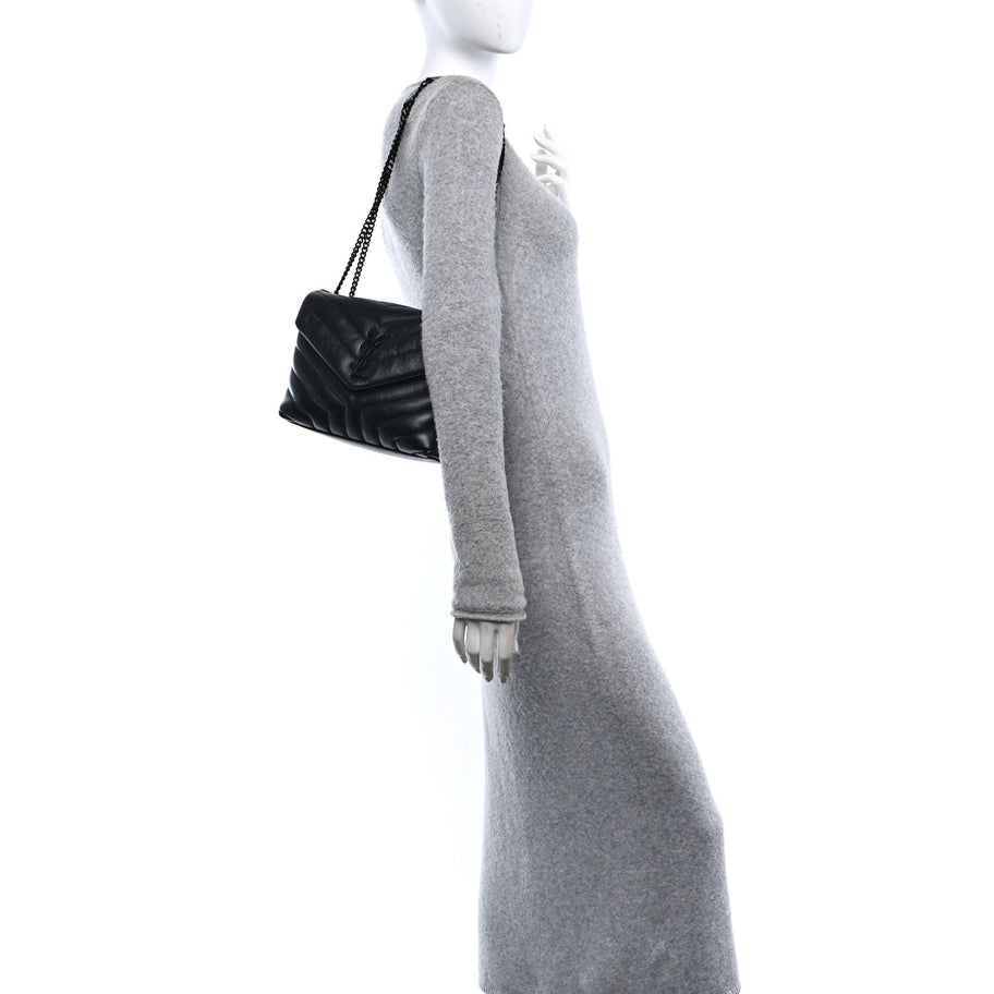 Saint Laurent Calfskin Y Quilted Monogram Monochrome Small Loulou Chain Satchel Black Image 2