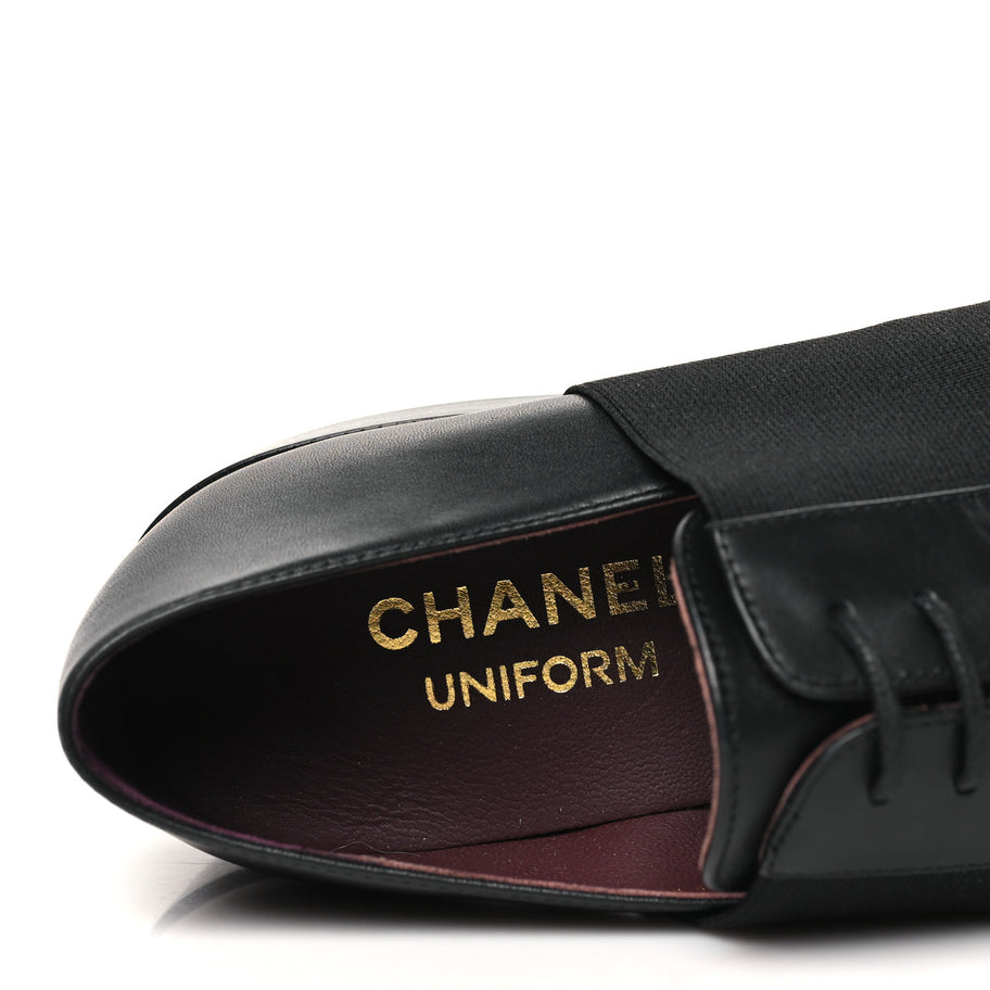 Chanel Calfskin Elastic Lace Up Cap Toe CC Loafers 37 Black Image 6