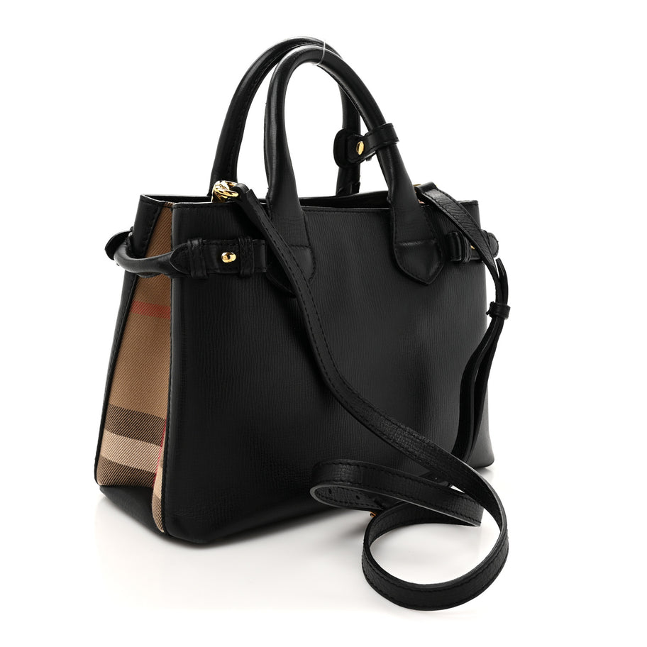 Burberry Derby Calfskin House Check Small Banner Tote Black Image 2