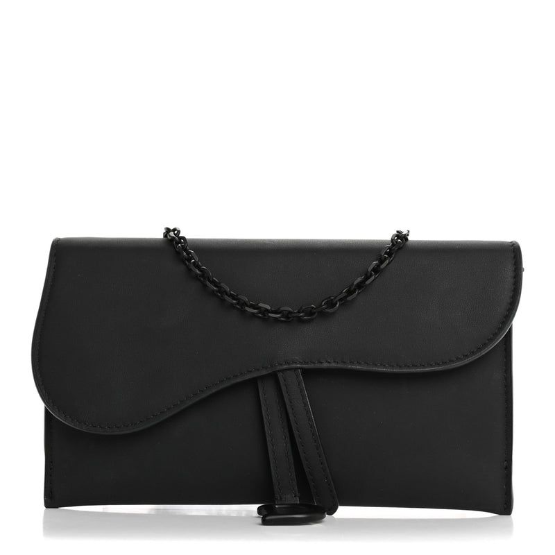  Christian Dior Ultra Matte Calfskin Saddle Chain Wallet Pouch Black