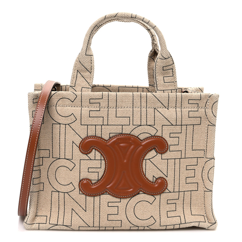  Celine Canvas Calfskin All Over Print Small Cabas Thais Natural Tan
