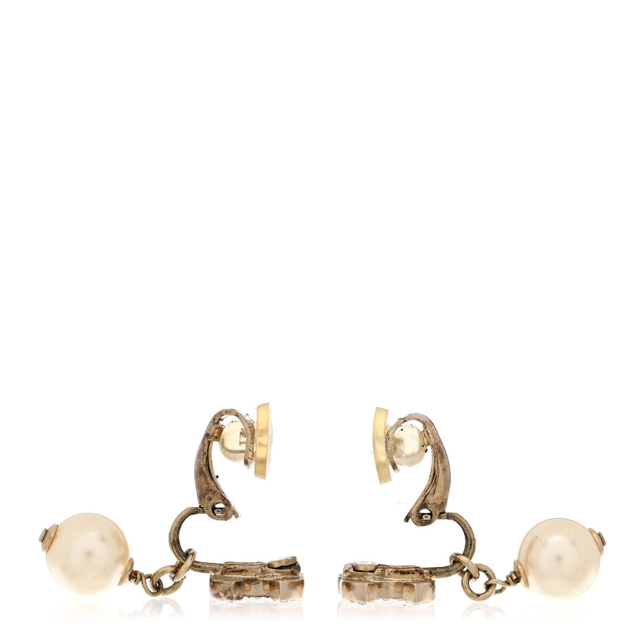 Chanel Pearl Crystal CC Drop Clip On Earrings Gold White Image 3
