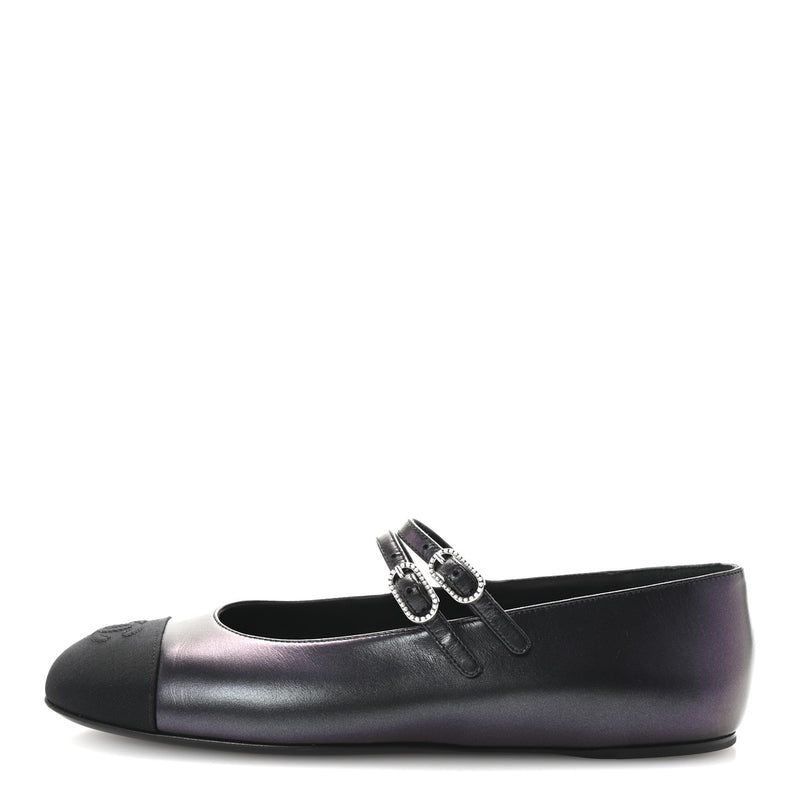  Chanel Lambskin Grosgrain Pearl Mary Jane Flats 38.5 Black
