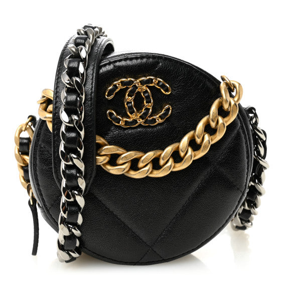 Chanel Shiny Goatskin Quilted 19 Round Clutch With Chain Black Image 1