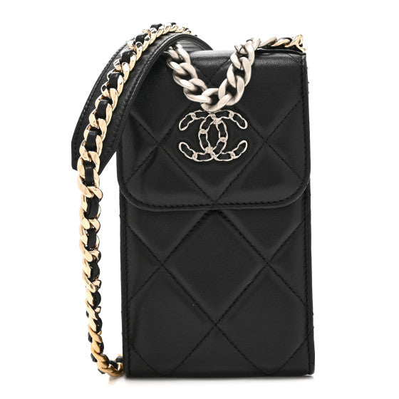  Chanel Lambskin Quilted 19 Phone Holder With Chain Black
