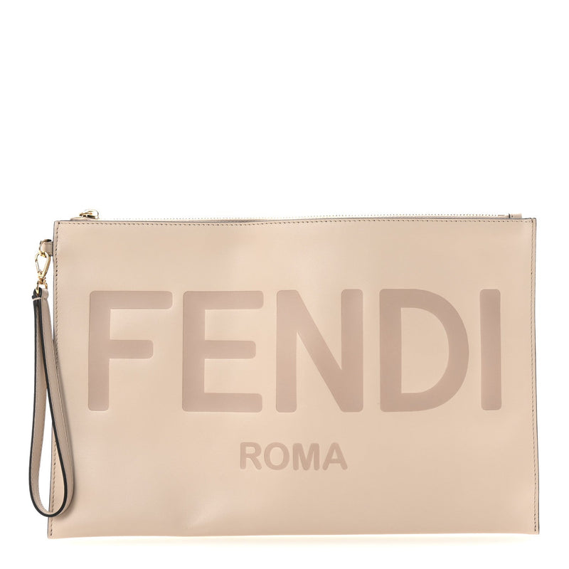  Fendi Vitello King Logo Embossed Large Flat Pouch Poudre