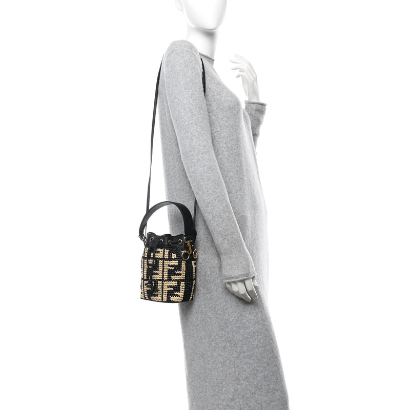  Fendi Raffia Vitello Seta F is FF Woven Mini Mon Tresor Bucket Bag Black Natural