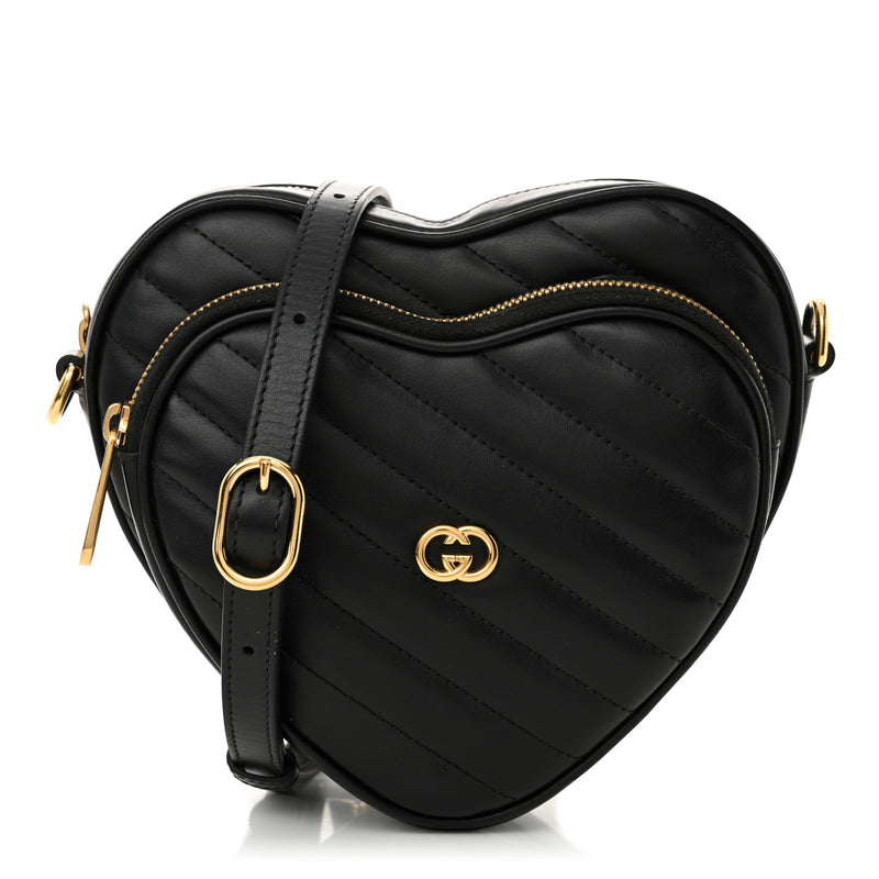  Gucci Calfskin Matelasse Diagonal Mini InterLocking G Heart Shoulder Bag Black
