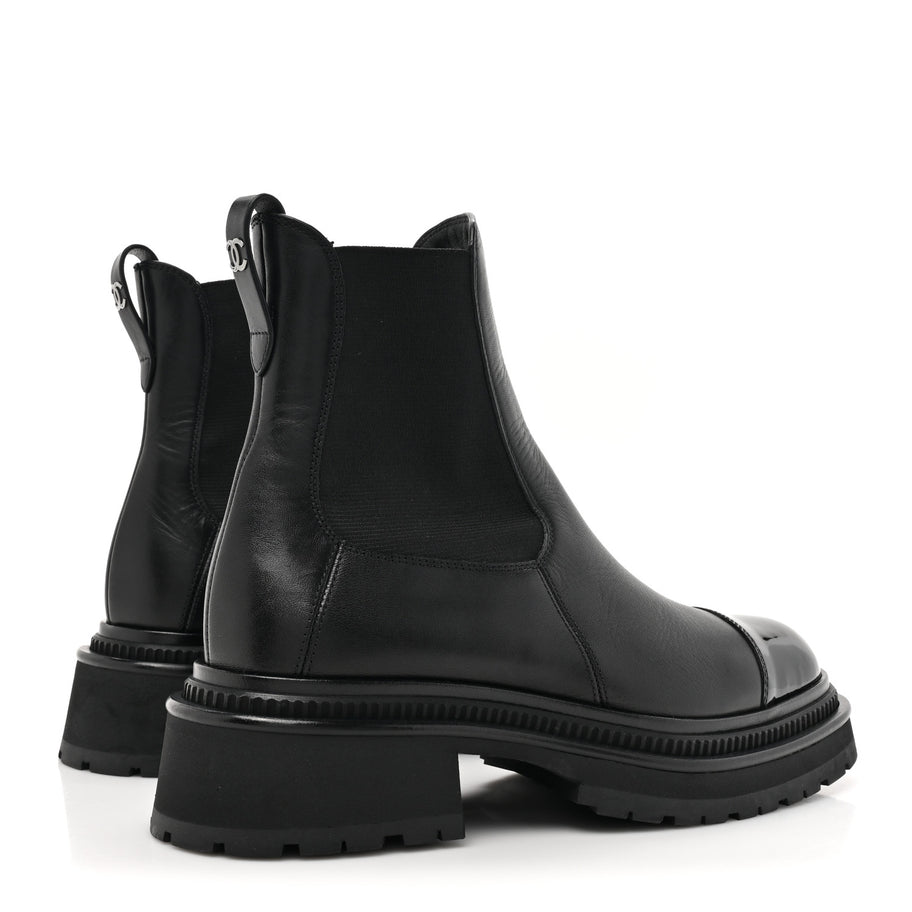Chanel Calfskin Patent Cap Toe Ankle Boots 37.5 Black Image 5