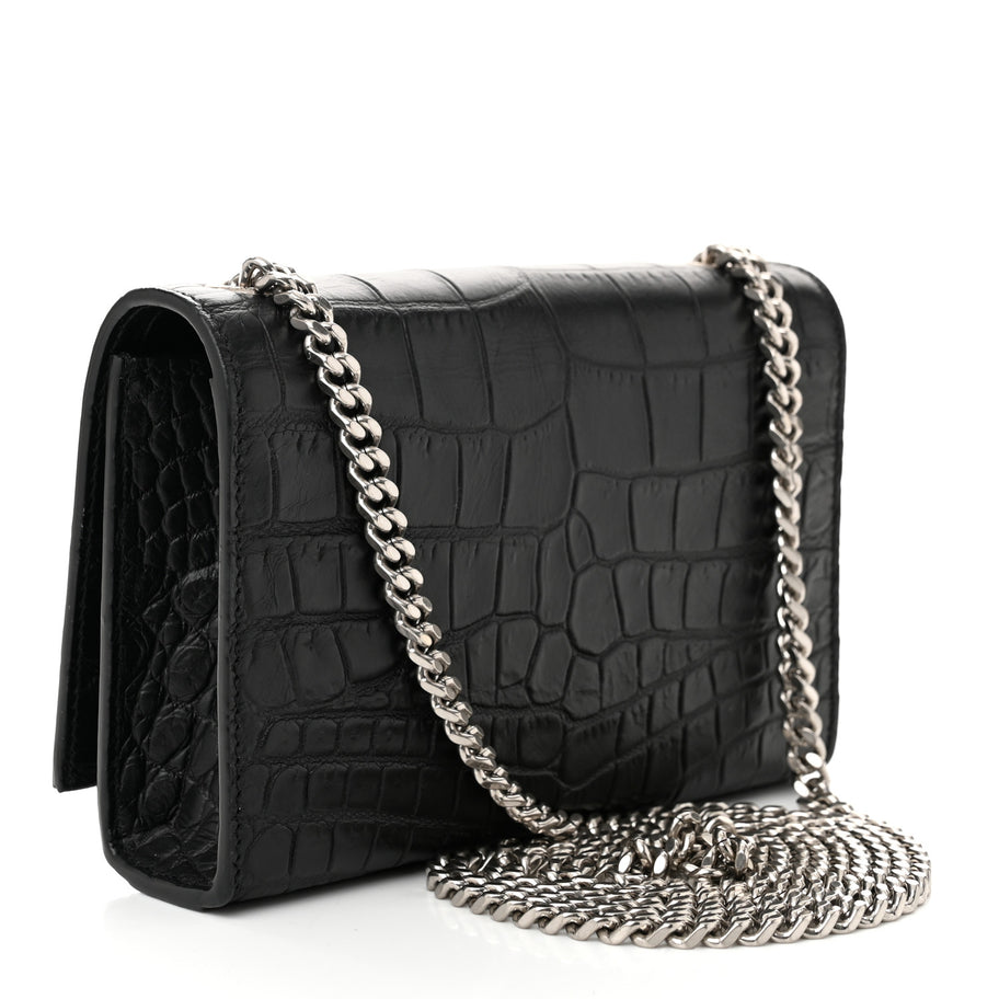 Saint Laurent Calfskin Crocodile Embossed Small Classic Monogram Kate Tassel Satchel Black Image 3