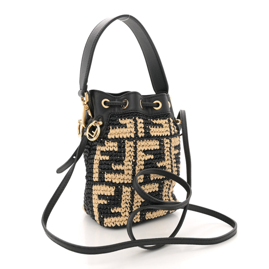 Fendi Raffia Vitello Seta F is FF Woven Mini Mon Tresor Bucket Bag Black Natural Image 3