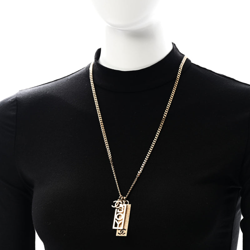  Chanel Metal Crystal CC Boy Pendant Long Necklace Gold
