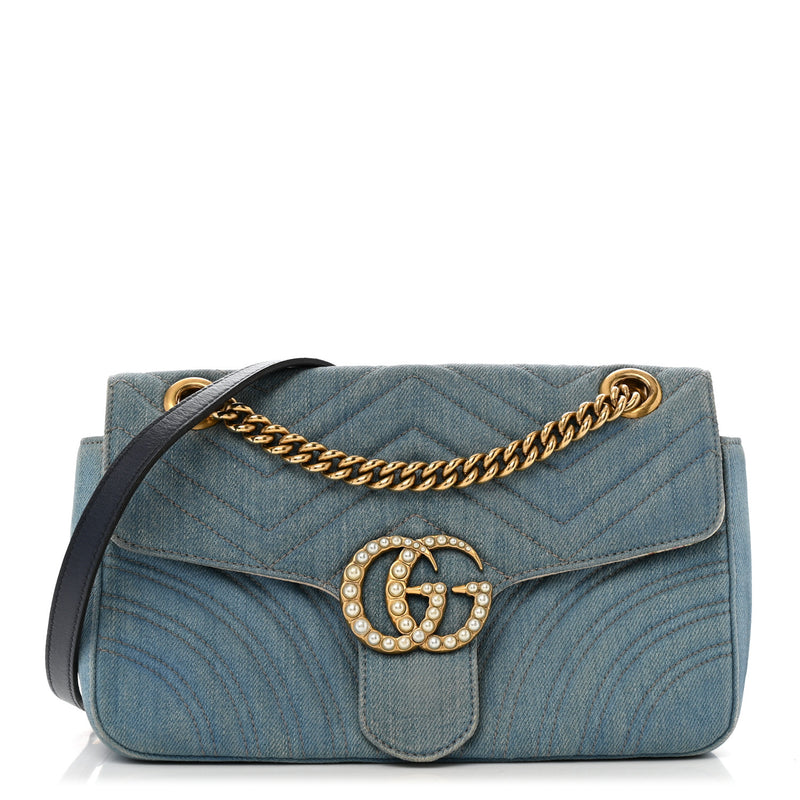  Gucci Denim Matelasse Small Pearly GG Marmont Shoulder Bag Blue