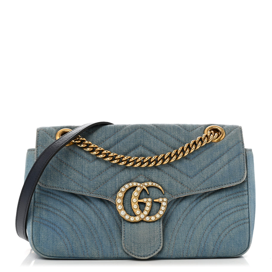 Gucci Denim Matelasse Small Pearly GG Marmont Shoulder Bag Blue Image 1