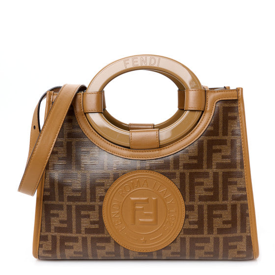  Fendi Glazed Fabric Vitello Century Plexiglass FF 1974 Stamp Patch Small Runaway Shopper Tote Mogano Panna Nocciola