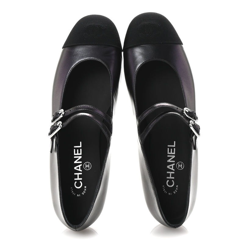  Chanel Lambskin Grosgrain Pearl Mary Jane Flats 38.5 Black