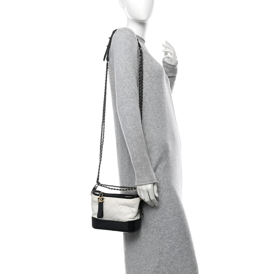 Chanel Aged Calfskin Quilted Small Gabrielle Hobo Black White Image 2