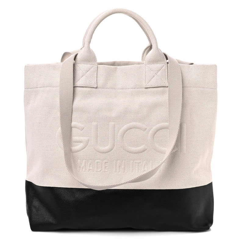  Gucci Canvas Logo Embossed Black Tote Beige